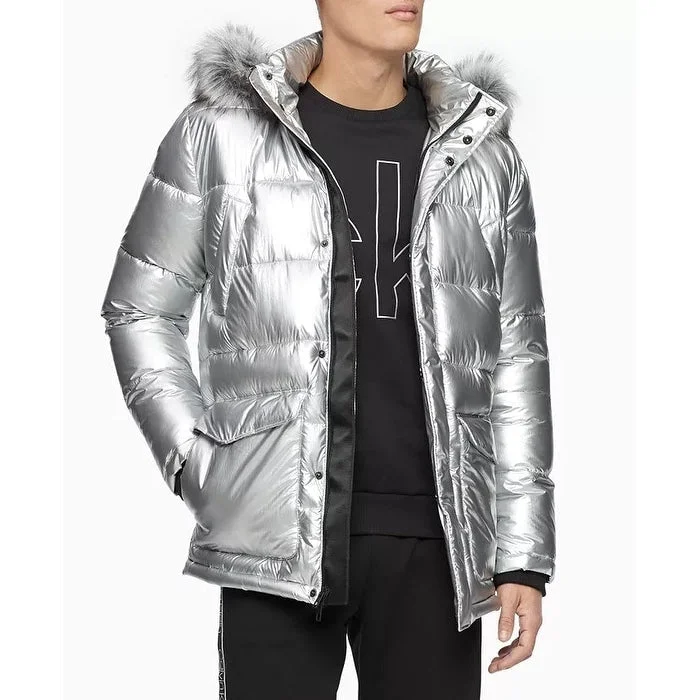 Calvin Klein Men's Metallic Puffer Parka With Faux Trim Silver Size Small