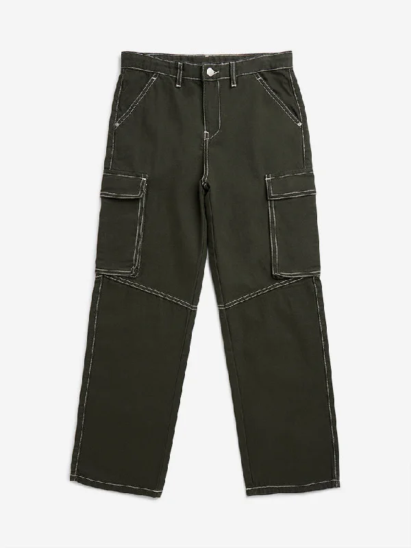 Y&F Kids Olive Cargo-Style Mid-Rise Cotton Trousers