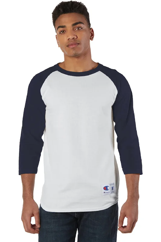 Champion Mens 3/4 Sleeve Crewneck T-Shirt - White/Navy Blue