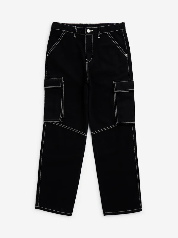 Y&F Kids Black Cargo-Style Mid-Rise Cotton Trousers