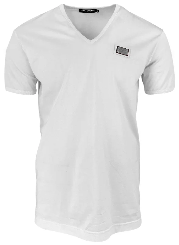 Dolce & Gabanna V-Neck Tee with Logo Plate in White