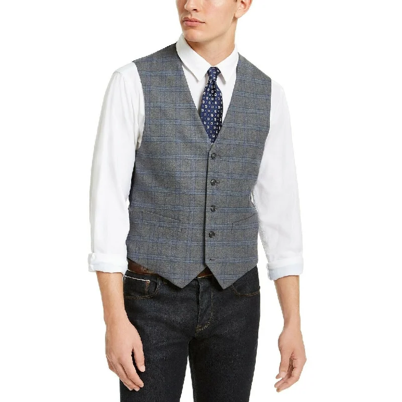 Tommy Hilfiger Men's Modern-Fit Thflex Stretch Plaid Vest Gray Size Large