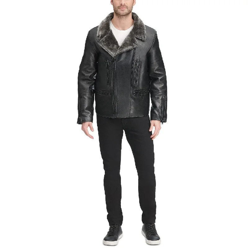 DKNY Men's Sherpa Lined Asymmetrical Faux Leather Motorcycle Jacket Black Size Small