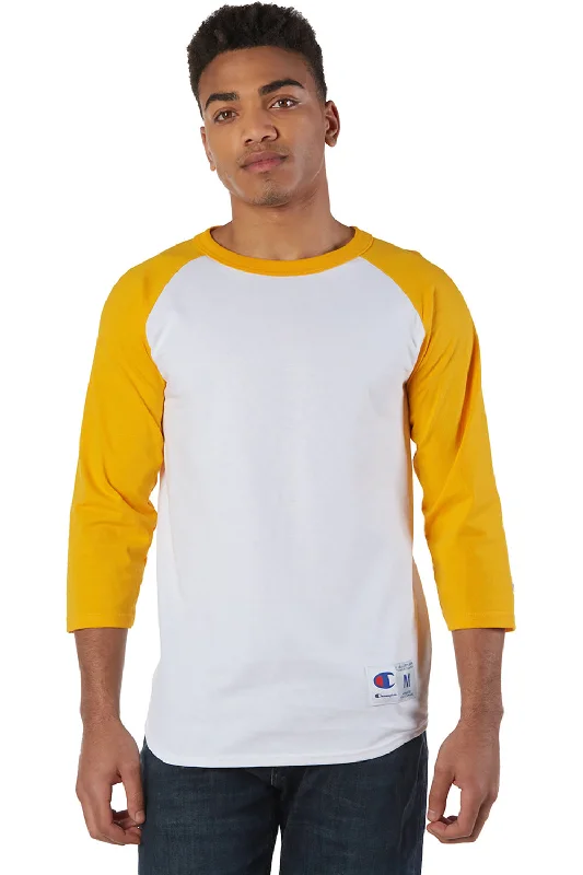 Champion Mens 3/4 Sleeve Crewneck T-Shirt - White/Gold