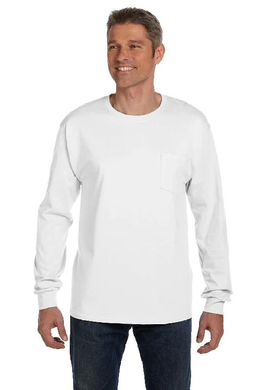 Hanes Mens ComfortSoft Long Sleeve Crewneck T-Shirt w/ Pocket - White