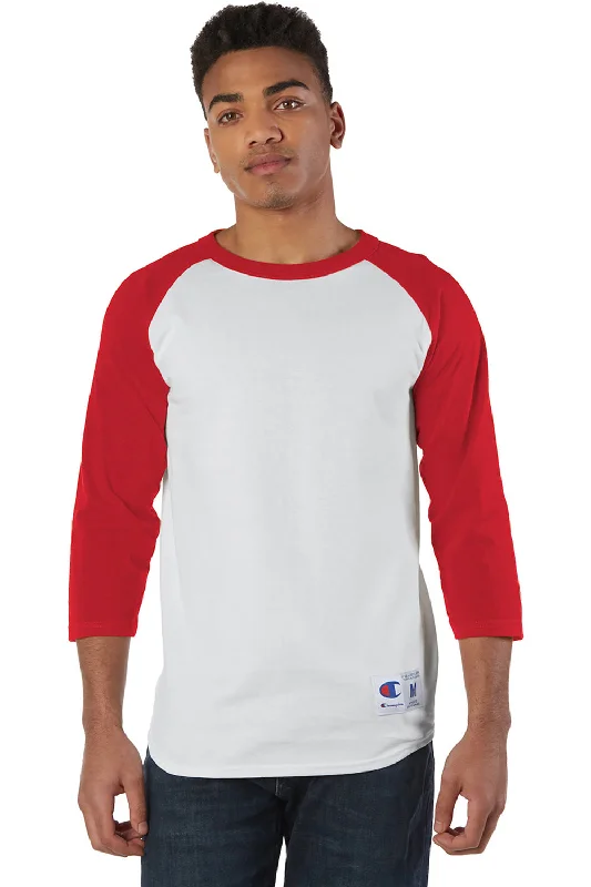 Champion Mens 3/4 Sleeve Crewneck T-Shirt - White/Scarlet Red