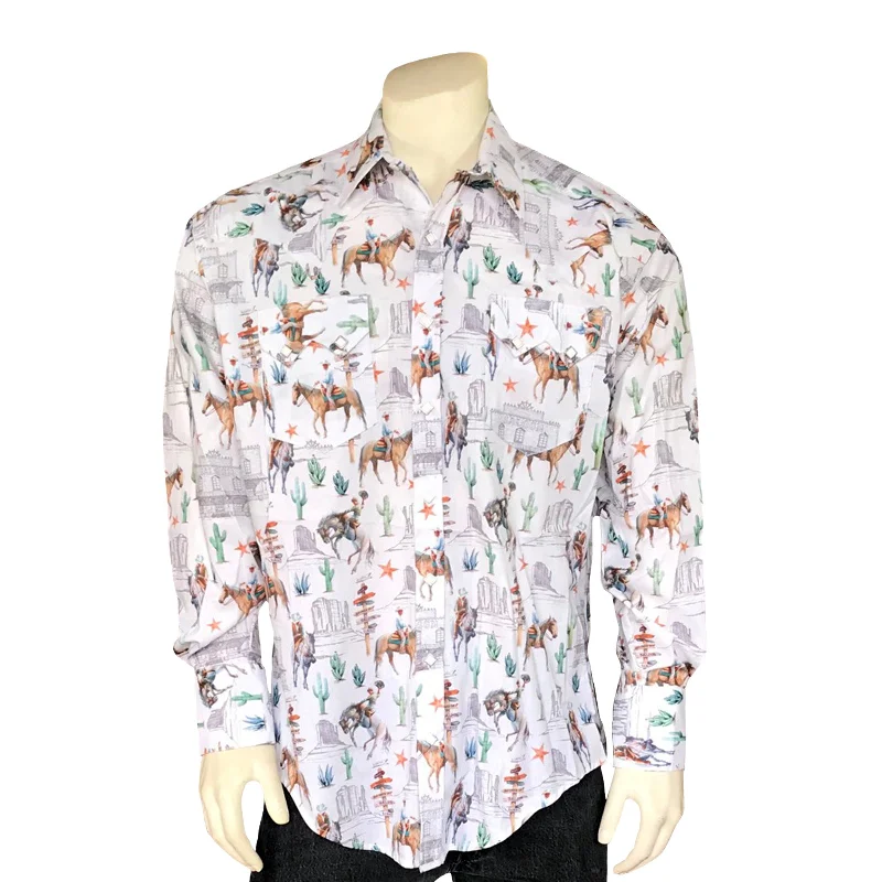 Men’s White Cactus & Cowboys Print Long Sleeve Western Shirt