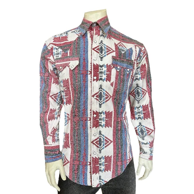 Men's Premium Flannel Jacquard Western Shirt in Red & White