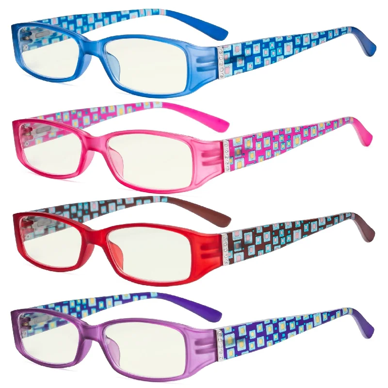 4 Pack Blue Light Filter Reading Glasses Patterned Temple UVR081X