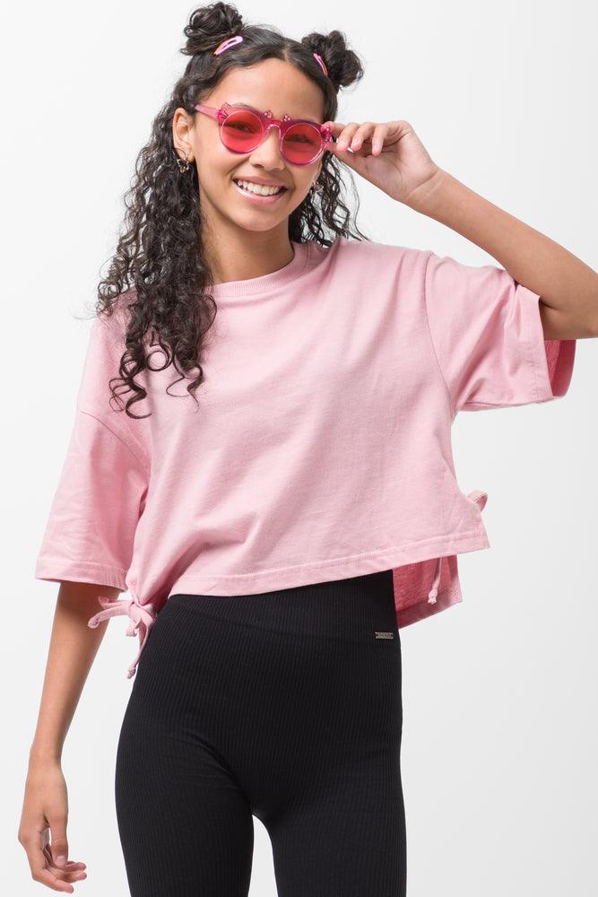 Crop Boxy Side Tie T-Shirt Pink