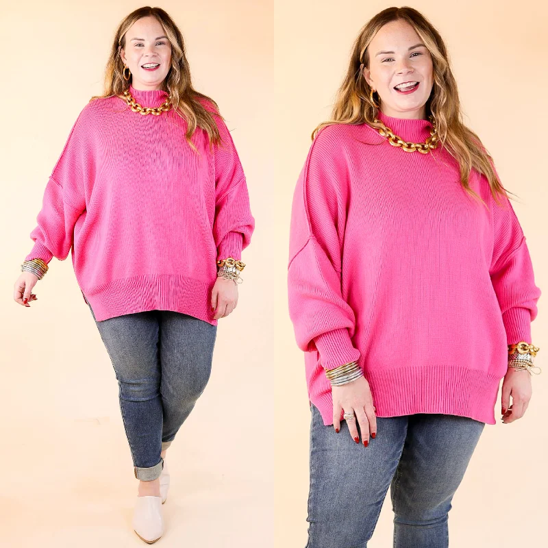 Snug and Stylish Mock Neck Sweater with Side Slit in Fuchsia Pink