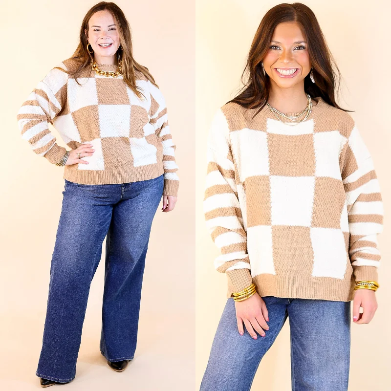 Split Decision Dual Patterned Long Sleeve Sweater in Mocha Brown