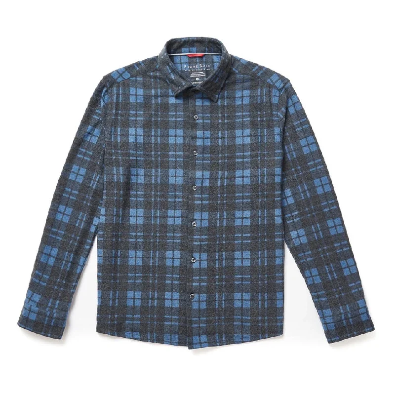 Check Jersey Fleece Long Sleeve Shirt - Navy