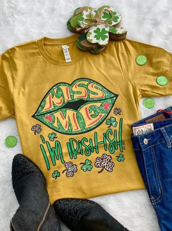 Lucky & Blessed Kiss Me I'm Irish-ish Irish Lips Mustard Front Print Unisex T-Shirt