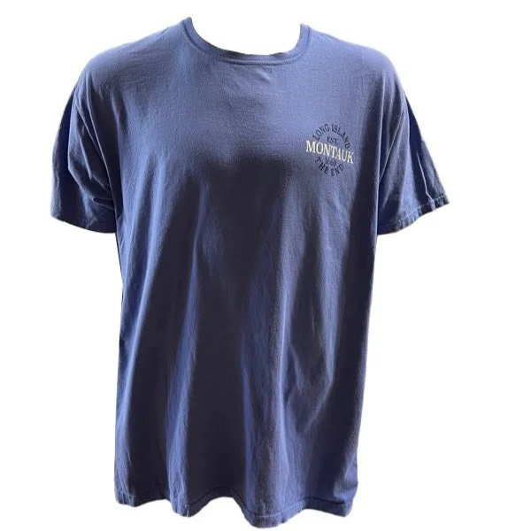 Men's Wild West Montauk The End Striped Bass Short Sleeve Tee Shirt in Blue