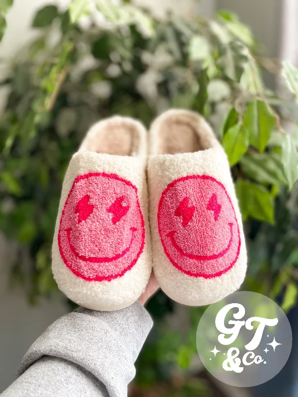 Pink Lightning Happy Face Slippers