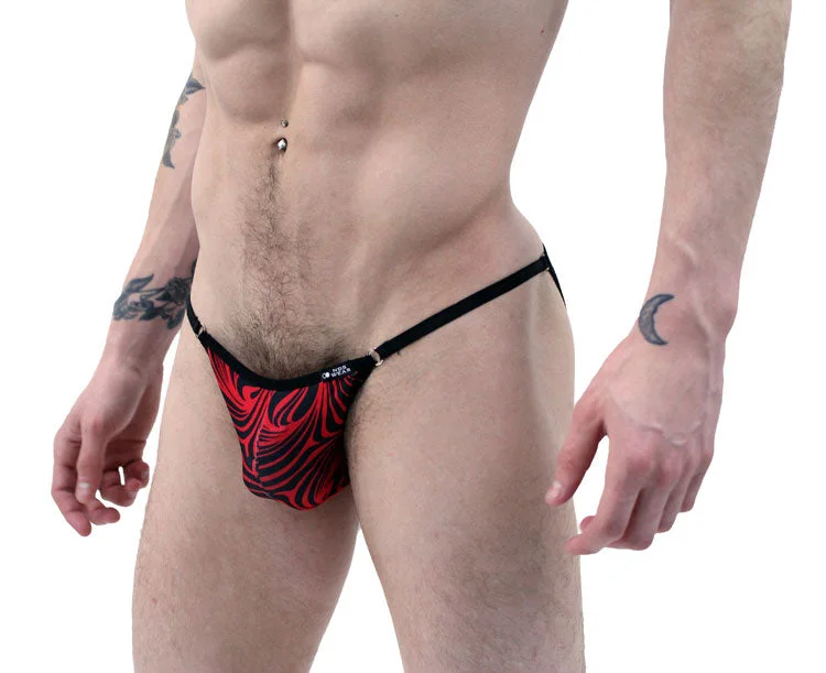 Comfortable cotton hipster underwear-Red Black Cappuccino Stripes String Brief Underwear